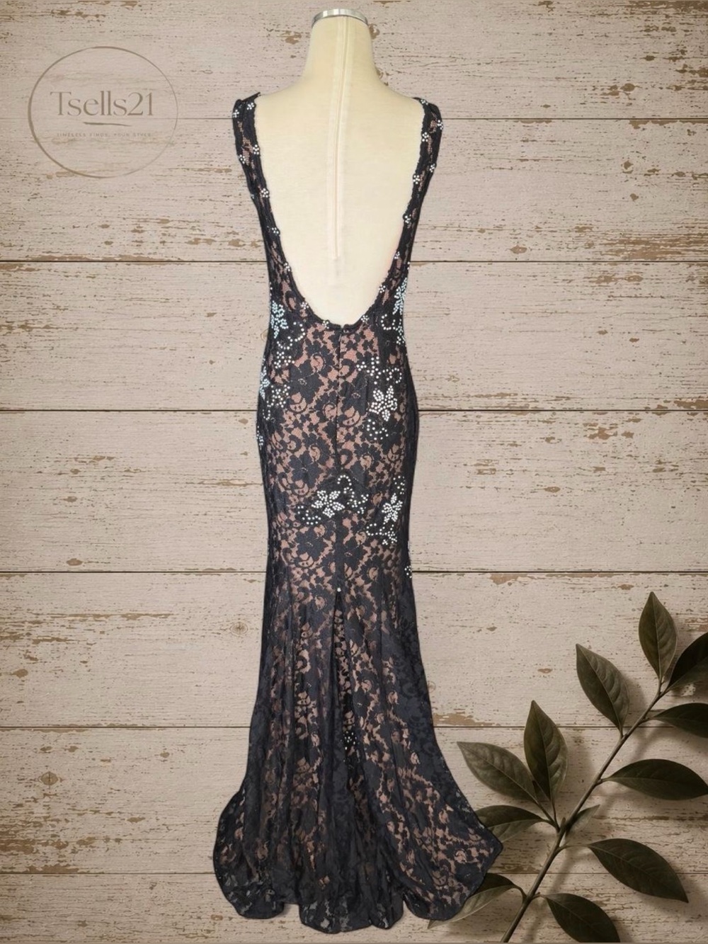 Jovani Black Lace Crystal Beaded Floral Evening Gown – See Measurements